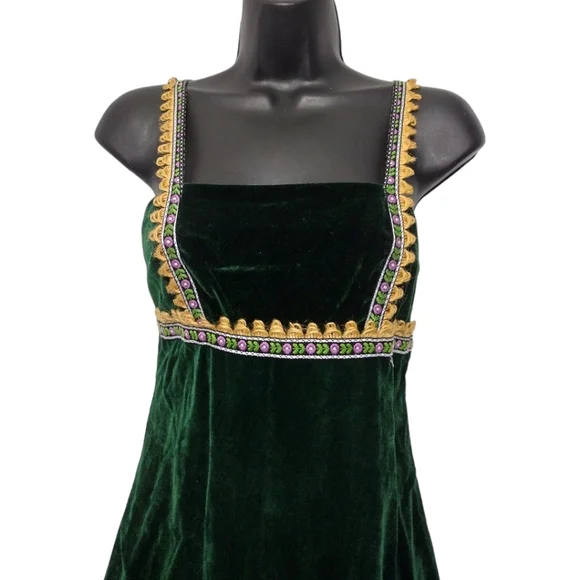 Gunne Sax Black Label Green Velvet Jute Renaissance Style Dress and Jacket  Set